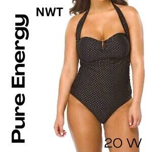 Pure Energy One Piece Swimsuit 20 W Black Ebony w/ Gold Pin Dot Halter Tie NEW